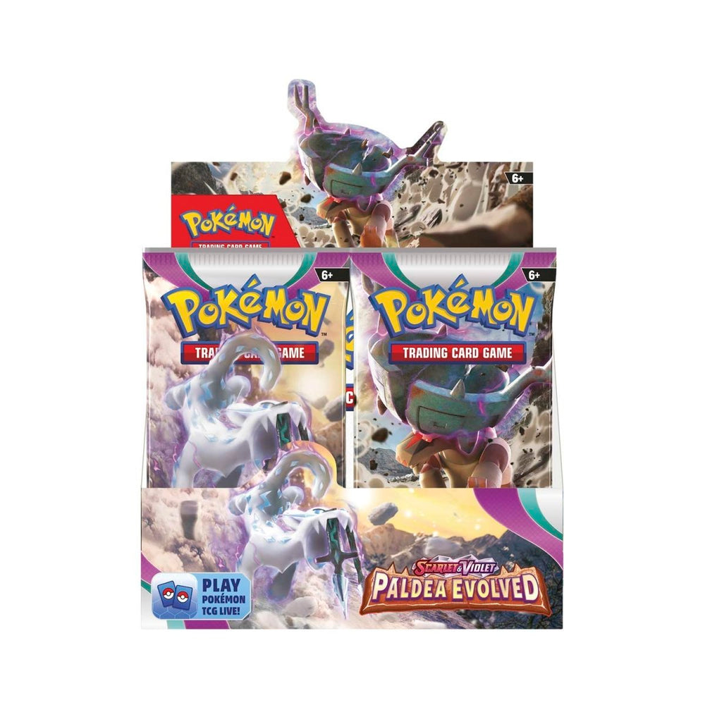 A Pokémon TCG: Scarlet & Violet—Paldea Evolved Booster Display Box from Generation Strange, containing 36 booster packs. Each pack promises a variety of 10 cards, including evolved forms of popular Pokémon and exciting newcomers.
