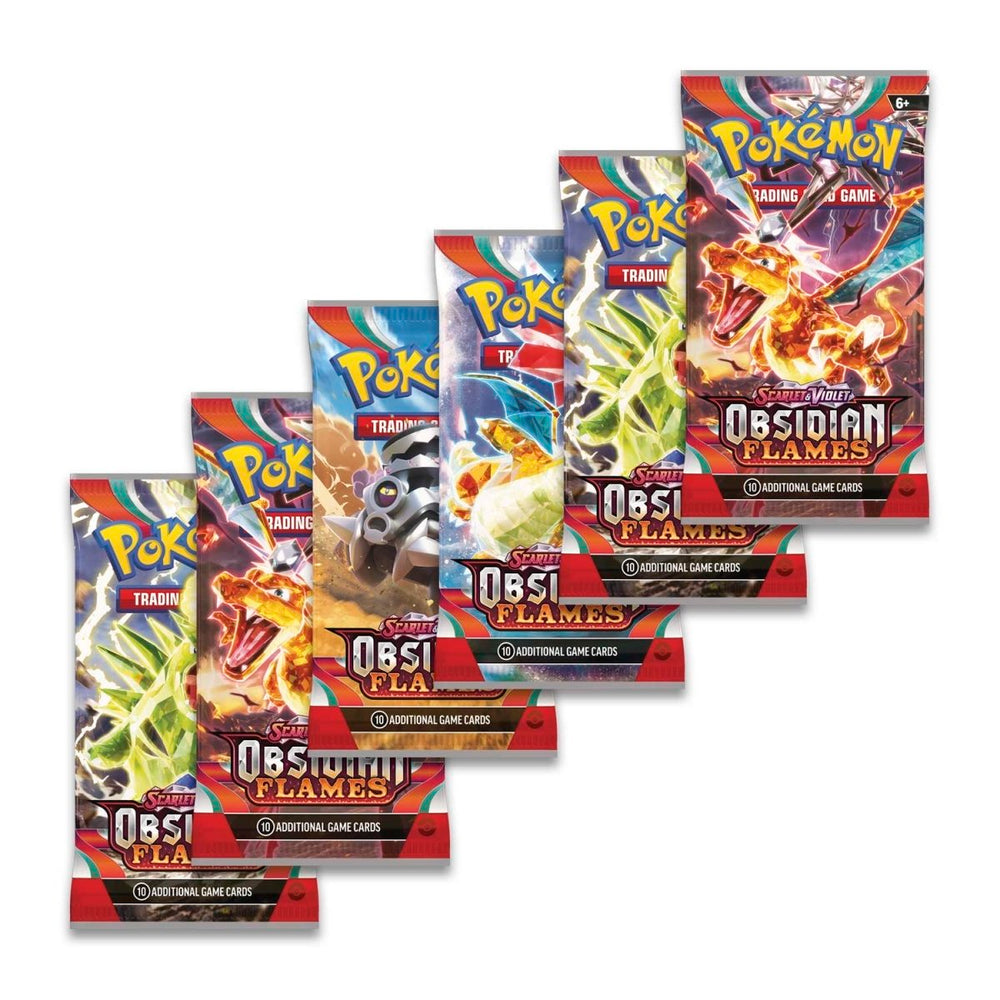 Image showing a Pokémon TCG: Scarlet & Violet—Obsidian Flames Booster Bundle. The bundle includes six vibrant booster packs with captivating illustrations of Charizard ex and a myriad of other extraordinary Pokémon. Each booster pack within the bundle contains 10 cards and 1 Basic Energy, the essential components for a thrilling Pokémon battle.