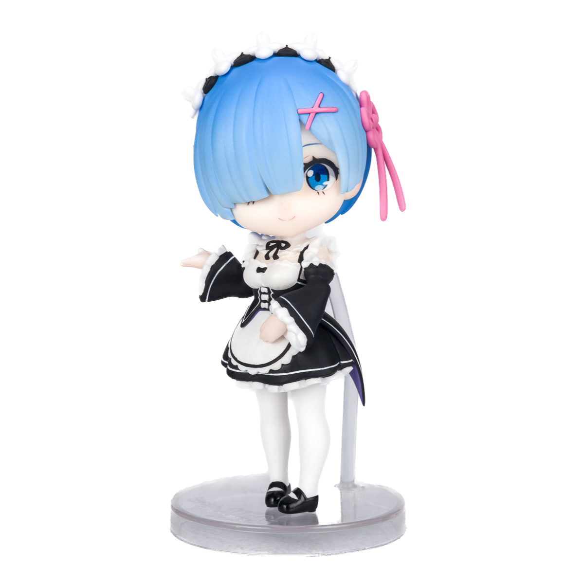A 3.5-inch Figuarts mini Rem figure from "Re:Zero Starting Life in Another World", featuring lifelike eyes, squashed proportions, and interchangeable arms on a sturdy stand.