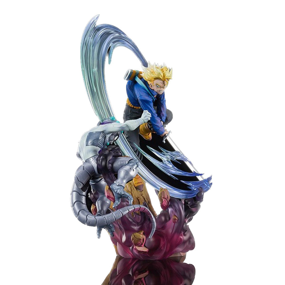 An impressively detailed and fixed-pose set from Dragon Ball Z featuring Super Saiyan Trunks in battle with Mecha Frieza. The figure set includes a slashing effect and a three-dimensional rendering of Frieza's severed body.