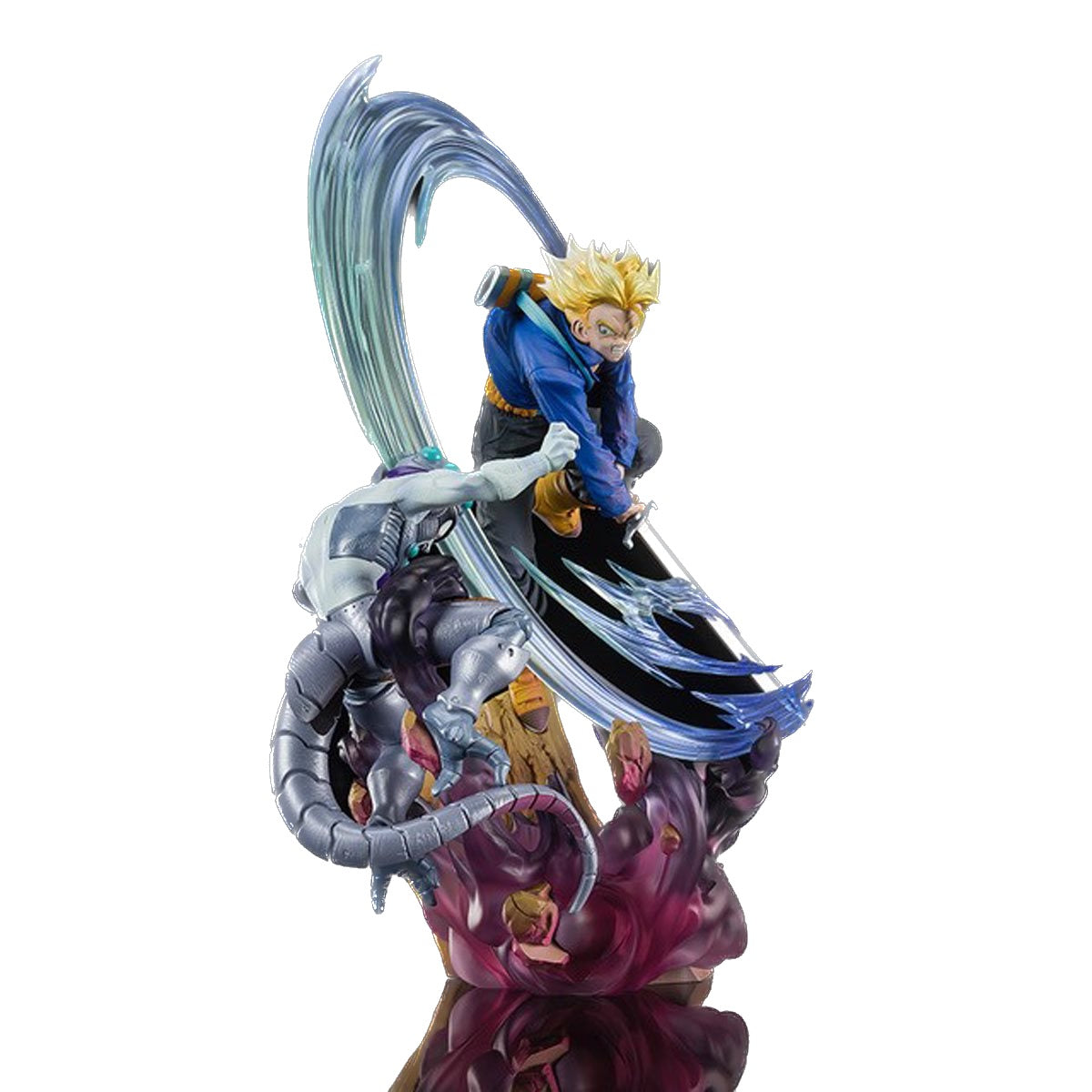 An impressively detailed and fixed-pose set from Dragon Ball Z featuring Super Saiyan Trunks in battle with Mecha Frieza. The figure set includes a slashing effect and a three-dimensional rendering of Frieza's severed body.