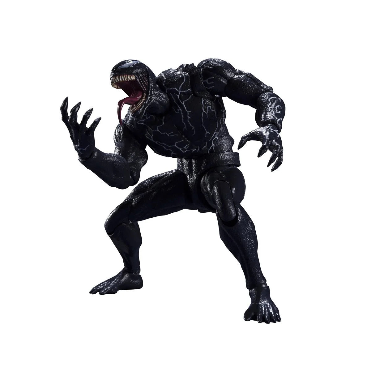 
                  
                    A detailed S.H.Figuarts Venom action figure standing 7.5 inches tall, with optional parts including three alternate head sculpts, two pairs of interchangeable hands, and two back tentacles. A bonus Venom symbiote head and pedestal are also displayed.
                  
                