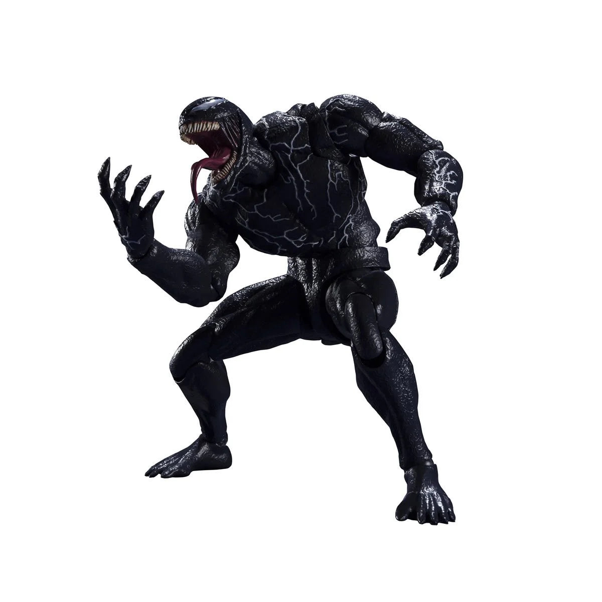 A detailed S.H.Figuarts Venom action figure standing 7.5 inches tall, with optional parts including three alternate head sculpts, two pairs of interchangeable hands, and two back tentacles. A bonus Venom symbiote head and pedestal are also displayed.