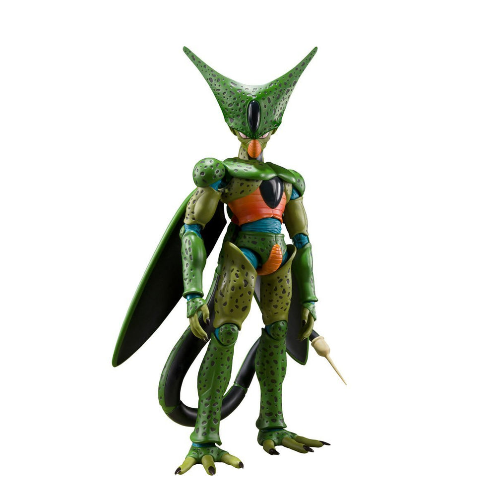 Dragon Ball Z Cell First Form S.H.Figuarts Action Figure - A highly detailed and articulated plastic figure of Cell in his First Form from Dragon Ball Z. Stands over 6 inches tall, featuring interchangeable hands, faces, and tail parts.