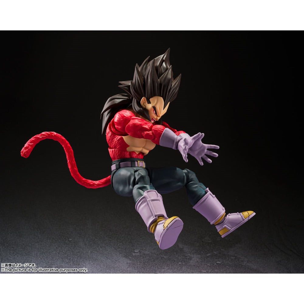 
                  
                    A highly articulated Super Saiyan 4 Vegeta figure from Dragon Ball GT, standing under 6 inches tall. Comes with three face plates, five pairs of interchangeable hands, a tail, and an energy blast effect.
                  
                