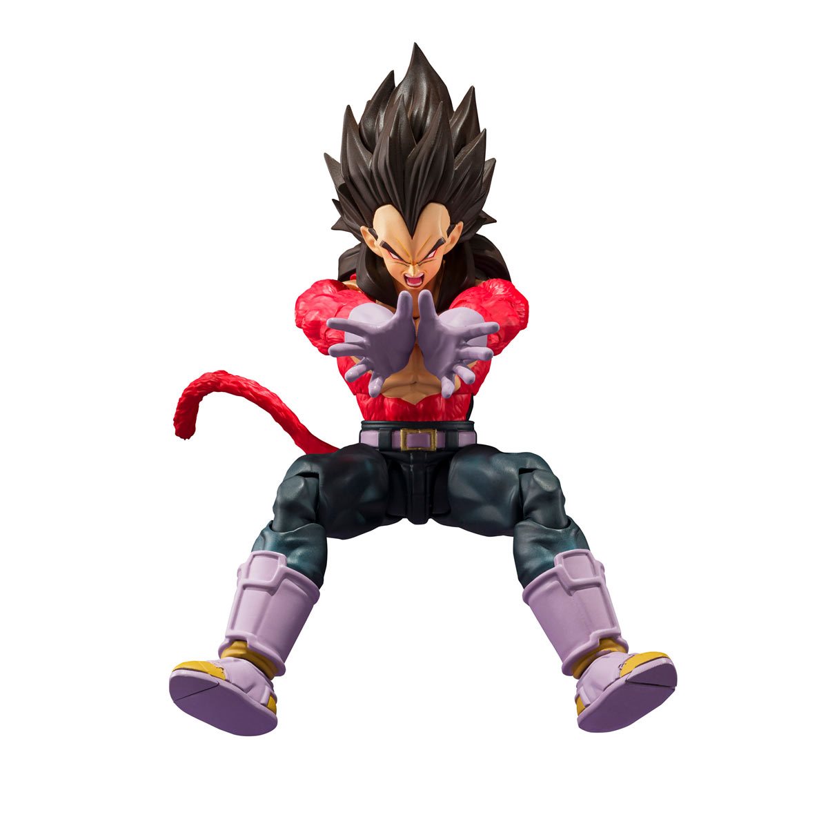 A highly articulated Super Saiyan 4 Vegeta figure from Dragon Ball GT, standing under 6 inches tall. Comes with three face plates, five pairs of interchangeable hands, a tail, and an energy blast effect.