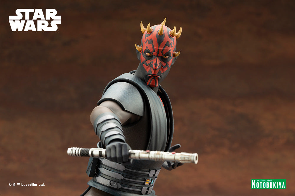 Captivating Kotobukiya ARTFX Darth Maul Clone Wars Statue featuring the fierce Sith Lord in dynamic pose, wielding his double-bladed lightsaber.