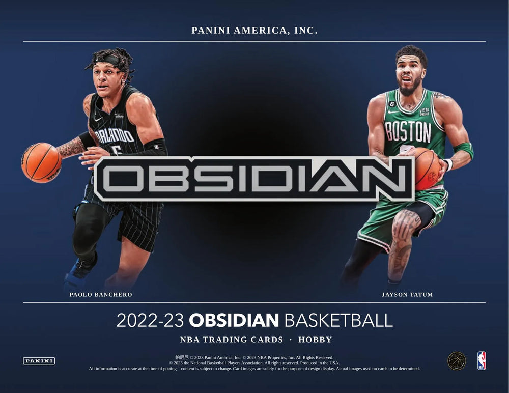 
                  
                    Image of the 2022-23 Panini Obsidian Basketball Hobby Box, a collection of unique, die-cut basketball trading cards including 2 Autographs, 2 Inserts/Parallels, and hobby-exclusive base parallels. Look for rare Rookie Autographs and superstar player Autographs.
                  
                