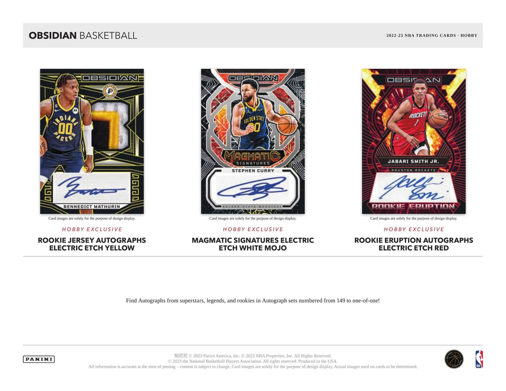 
                  
                    Image of the 2022-23 Panini Obsidian Basketball Hobby Box, a collection of unique, die-cut basketball trading cards including 2 Autographs, 2 Inserts/Parallels, and hobby-exclusive base parallels. Look for rare Rookie Autographs and superstar player Autographs.
                  
                