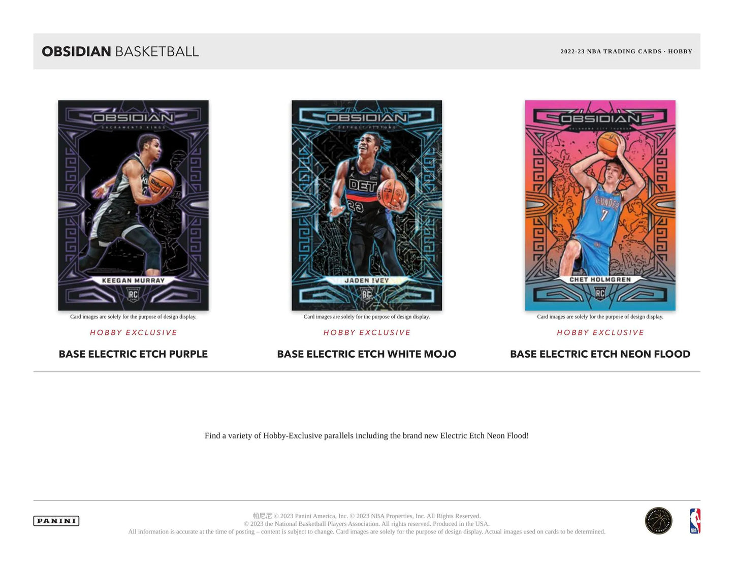 
                  
                    Image of the 2022-23 Panini Obsidian Basketball Hobby Box, a collection of unique, die-cut basketball trading cards including 2 Autographs, 2 Inserts/Parallels, and hobby-exclusive base parallels. Look for rare Rookie Autographs and superstar player Autographs.
                  
                