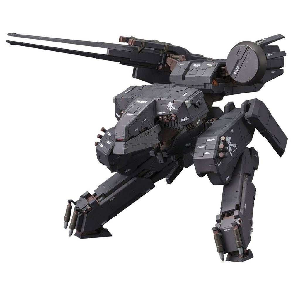 Metal Gear Solid METAL GEAR REX Black Version 1:100 Scale Model Kit featuring a sleek black REX, four unpainted mini-figures, new decals, and a hangar-themed base.