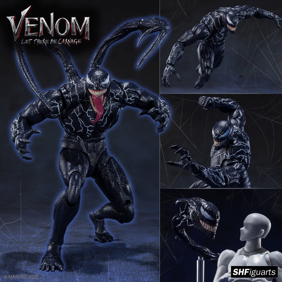 
                  
                    A detailed S.H.Figuarts Venom action figure standing 7.5 inches tall, with optional parts including three alternate head sculpts, two pairs of interchangeable hands, and two back tentacles. A bonus Venom symbiote head and pedestal are also displayed.
                  
                