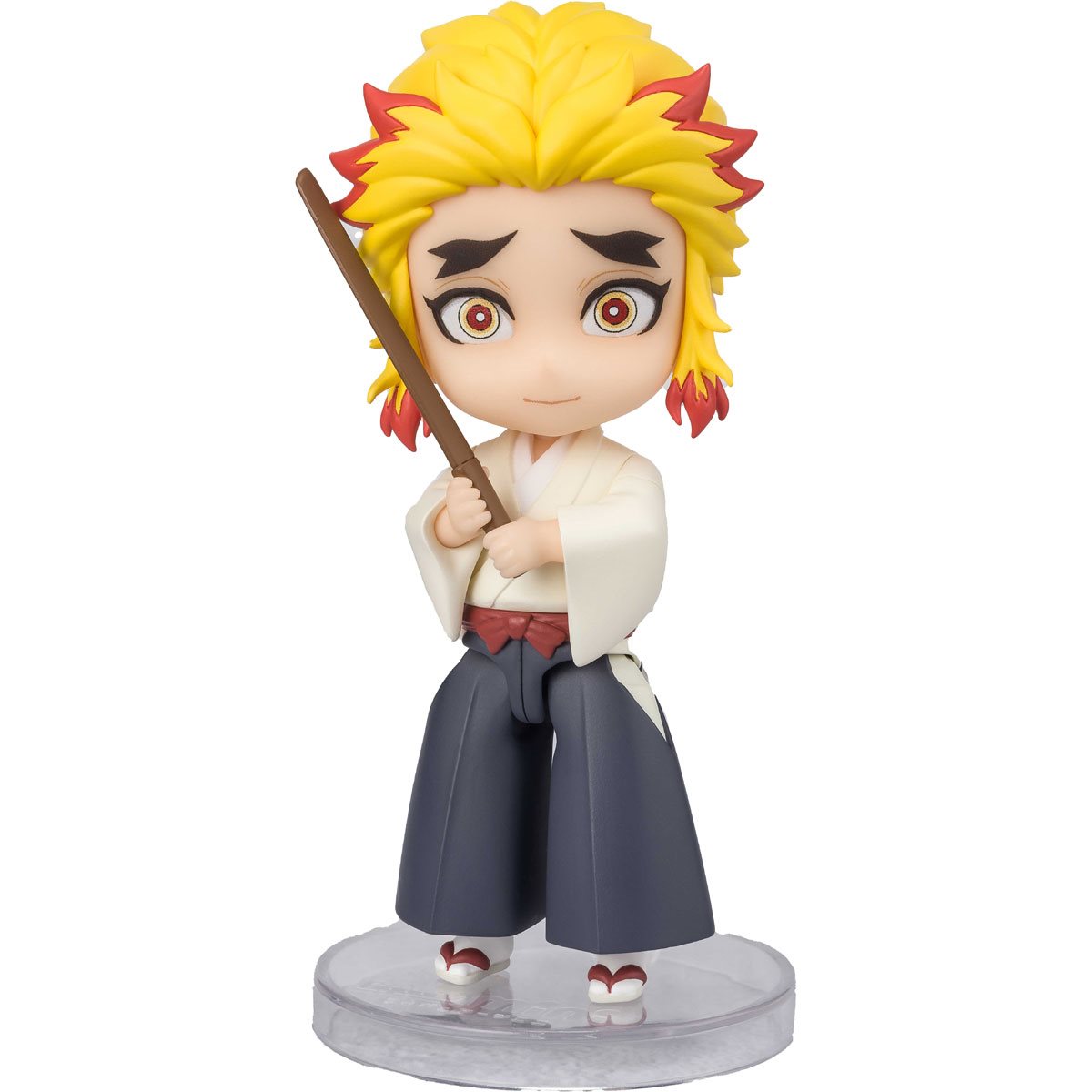 A charming Figuarts mini Senjuro Rengoku figure from Demon Slayer: Kimetsu no Yaiba standing at 3.5 inches, crafted in a unique squashed proportion style. Includes two interchangeable arms and a display stand.