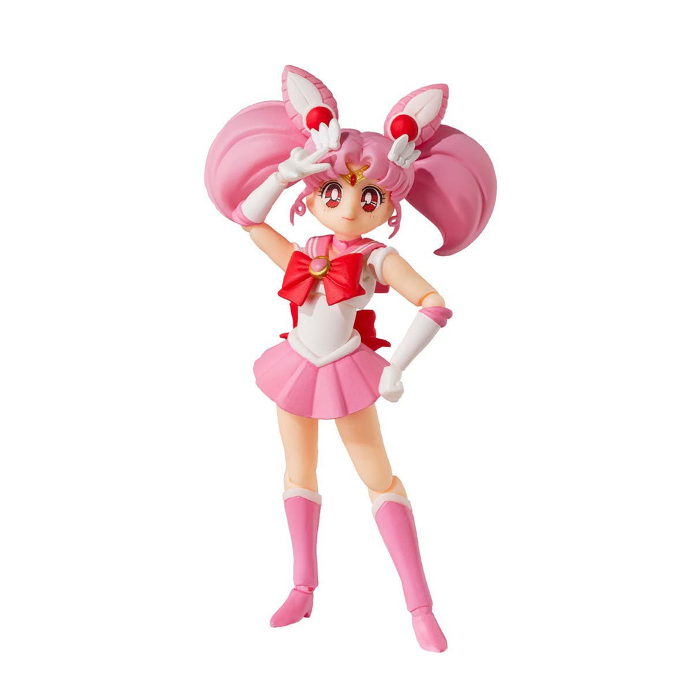 Sailor Chibi Moon Animation Color Edition SH Figuarts Action Figure - A 3.9-inch (10cm) tall articulated figure of Chibi Moon from the Sailor Moon series. Includes face plates, replacement wrists, alternate bangs, pink moon stick, and pedestals.