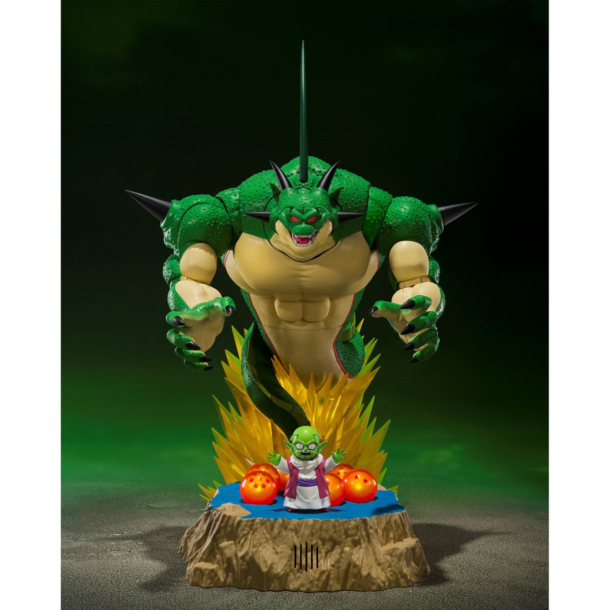An 11.02 inches S.H.Figuarts Porunga figure with optional hands, alongside a Dende figure with interchangeable head and hands. Includes seven Namekian Dragon Balls, Porunga Stand, Dragon Ball Stand, and features lights and sounds from the Dragon Ball Z anime series.