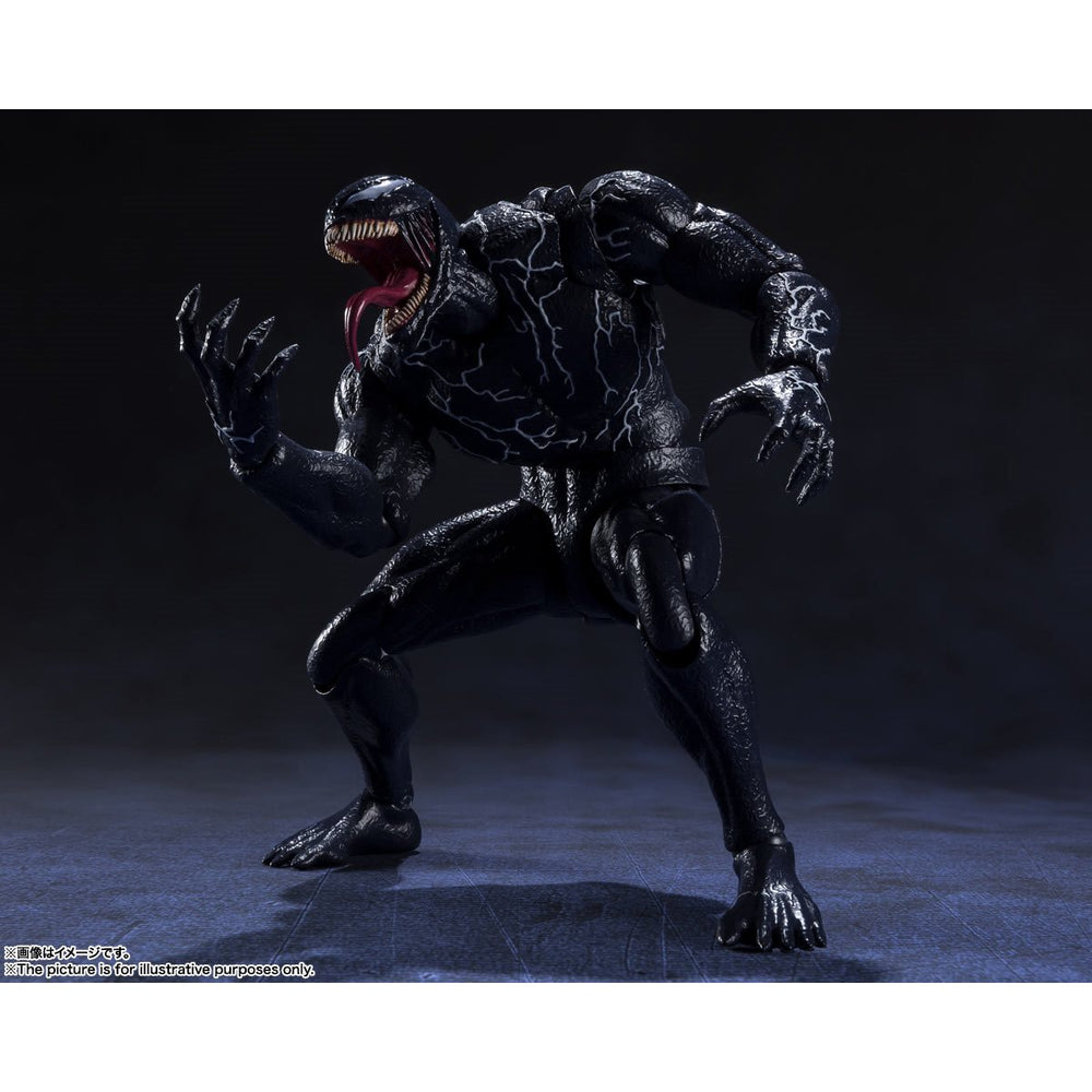 
                  
                    A detailed S.H.Figuarts Venom action figure standing 7.5 inches tall, with optional parts including three alternate head sculpts, two pairs of interchangeable hands, and two back tentacles. A bonus Venom symbiote head and pedestal are also displayed.
                  
                