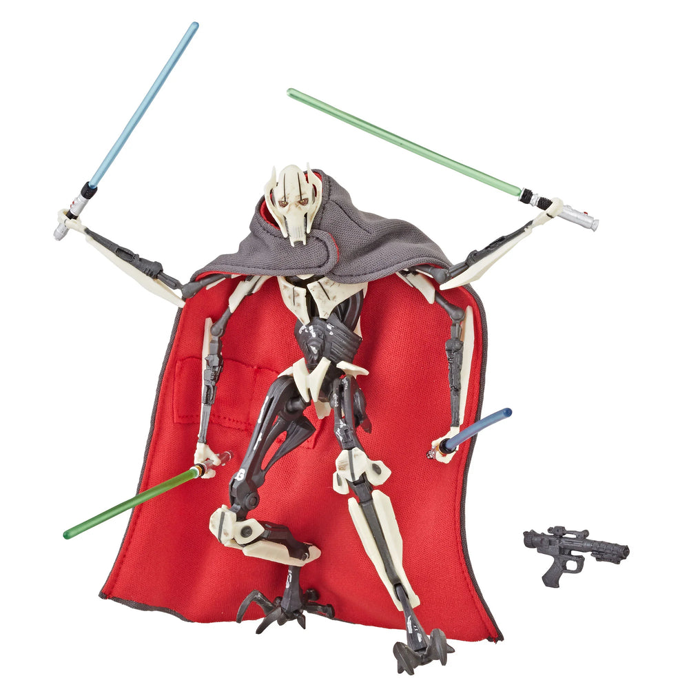 6-inch scale General Grievous action figure from Star Wars The Black Series. The figure replicates the notorious Separatist military strategist from Star Wars: Revenge of the Sith, detailed to perfection and featuring multiple points of articulation.