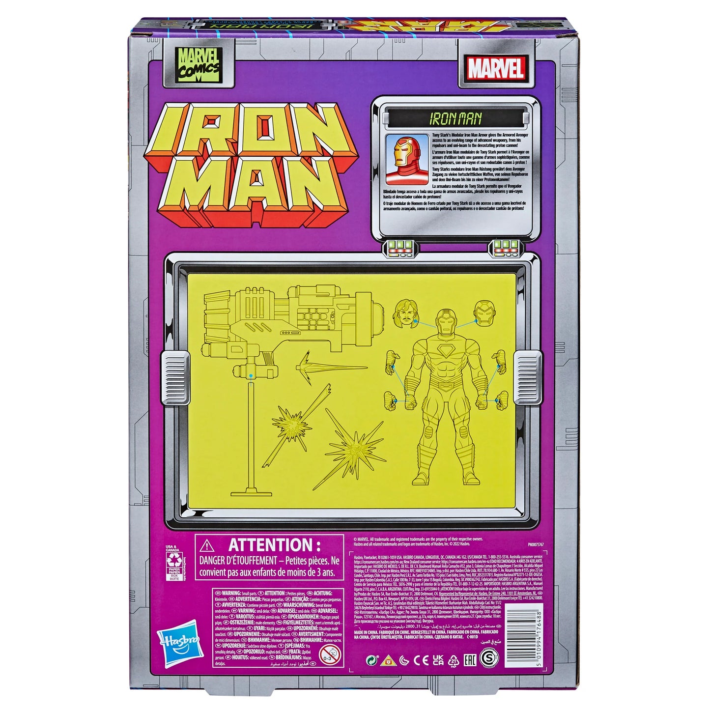 
                  
                    6-inch Marvel Legends Series Retro Iron Man action figure in Model 13 Armor, featuring alternate head accessories, a plasma cannon, and encased in retro-style cardback packaging.
                  
                