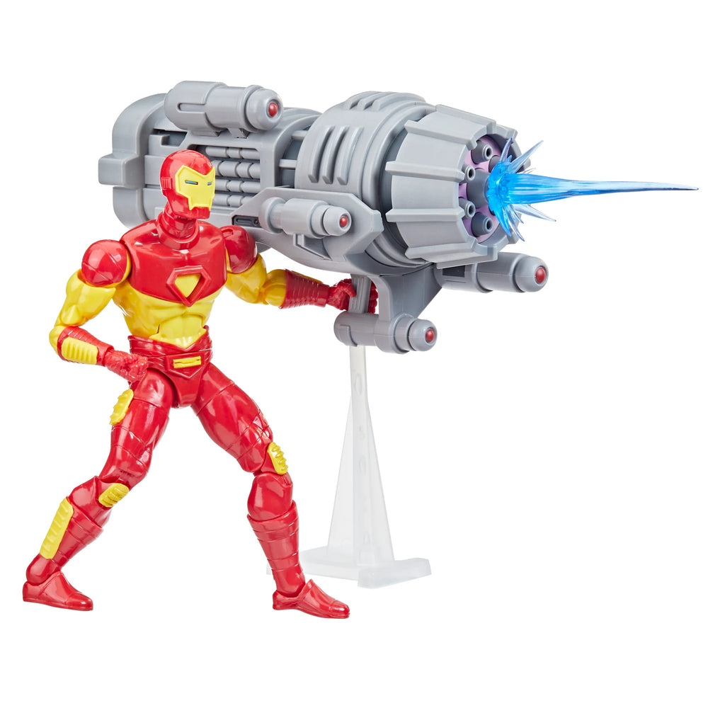 6-inch Marvel Legends Series Retro Iron Man action figure in Model 13 Armor, featuring alternate head accessories, a plasma cannon, and encased in retro-style cardback packaging.