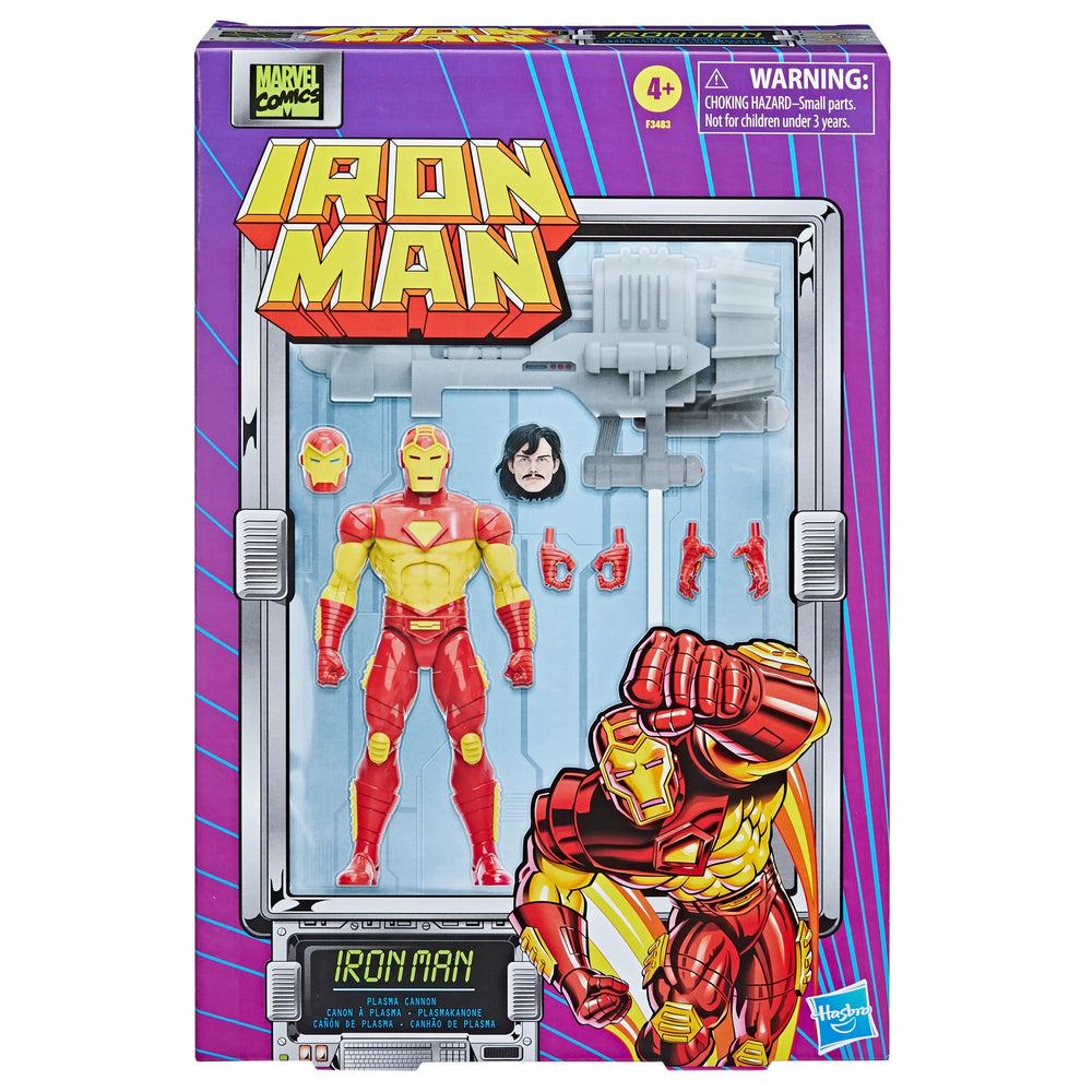 
                  
                    6-inch Marvel Legends Series Retro Iron Man action figure in Model 13 Armor, featuring alternate head accessories, a plasma cannon, and encased in retro-style cardback packaging.
                  
                
