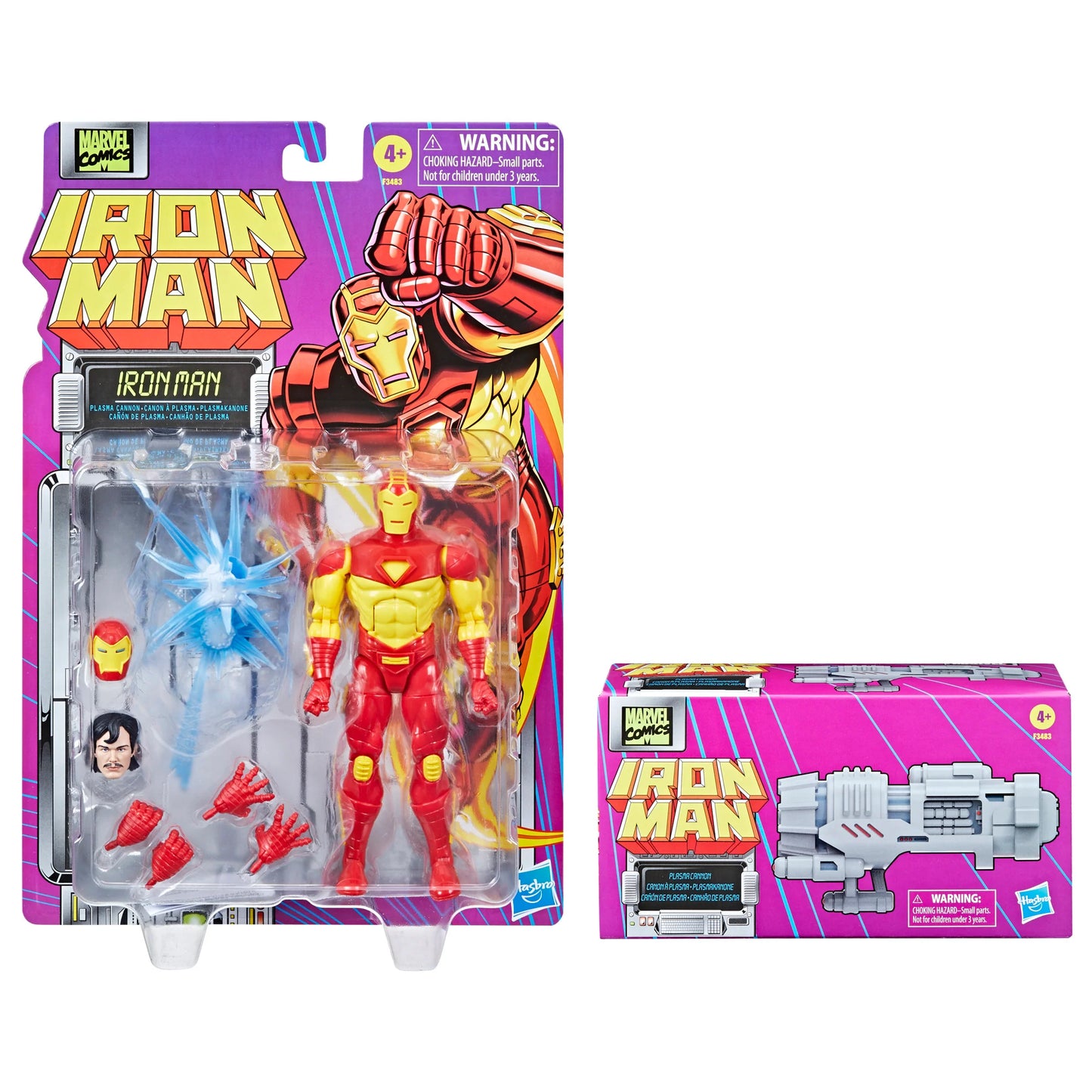 
                  
                    6-inch Marvel Legends Series Retro Iron Man action figure in Model 13 Armor, featuring alternate head accessories, a plasma cannon, and encased in retro-style cardback packaging.
                  
                