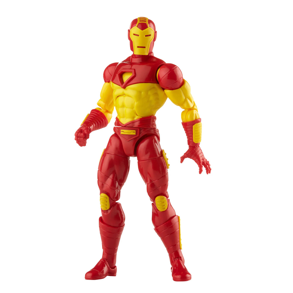 6-inch Marvel Legends Series Retro Iron Man action figure in Model 13 Armor, featuring alternate head accessories, a plasma cannon, and encased in retro-style cardback packaging.