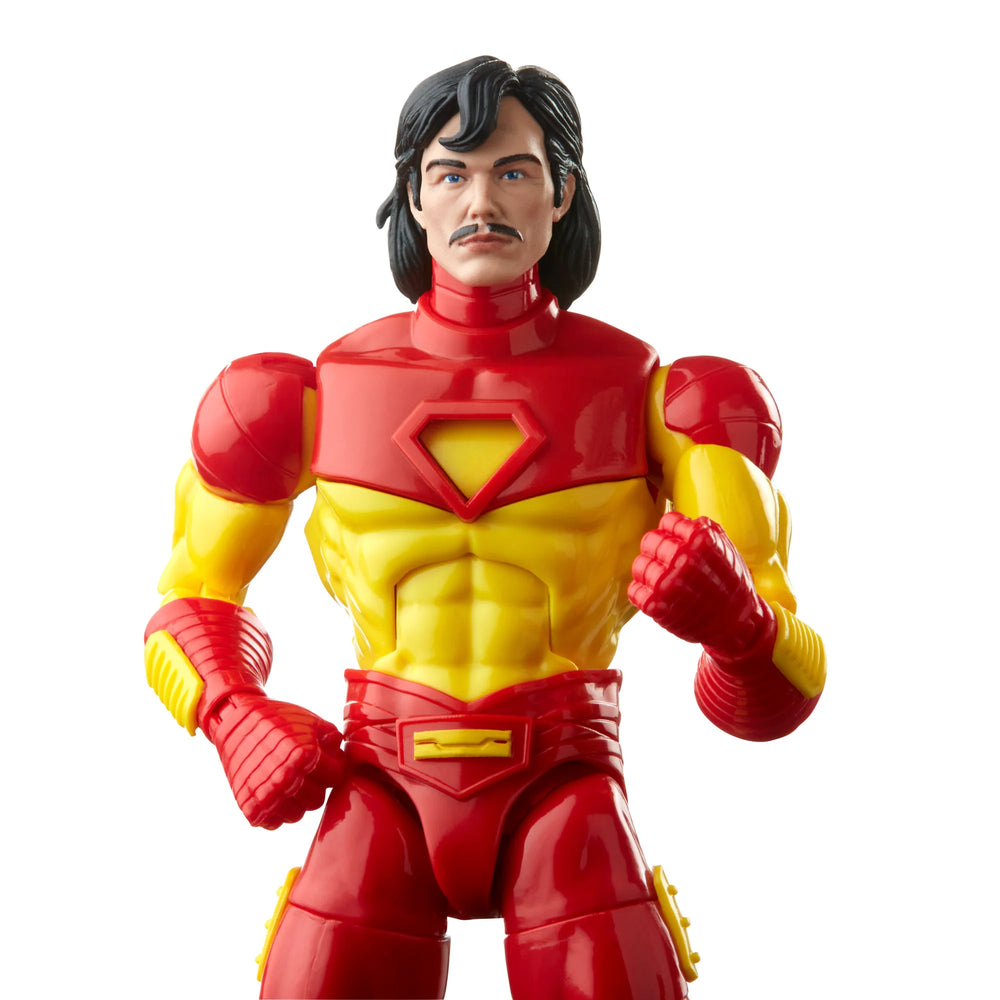 
                  
                    6-inch Marvel Legends Series Retro Iron Man action figure in Model 13 Armor, featuring alternate head accessories, a plasma cannon, and encased in retro-style cardback packaging.
                  
                