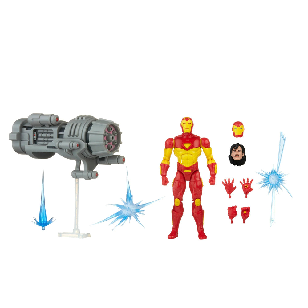 
                  
                    6-inch Marvel Legends Series Retro Iron Man action figure in Model 13 Armor, featuring alternate head accessories, a plasma cannon, and encased in retro-style cardback packaging.
                  
                