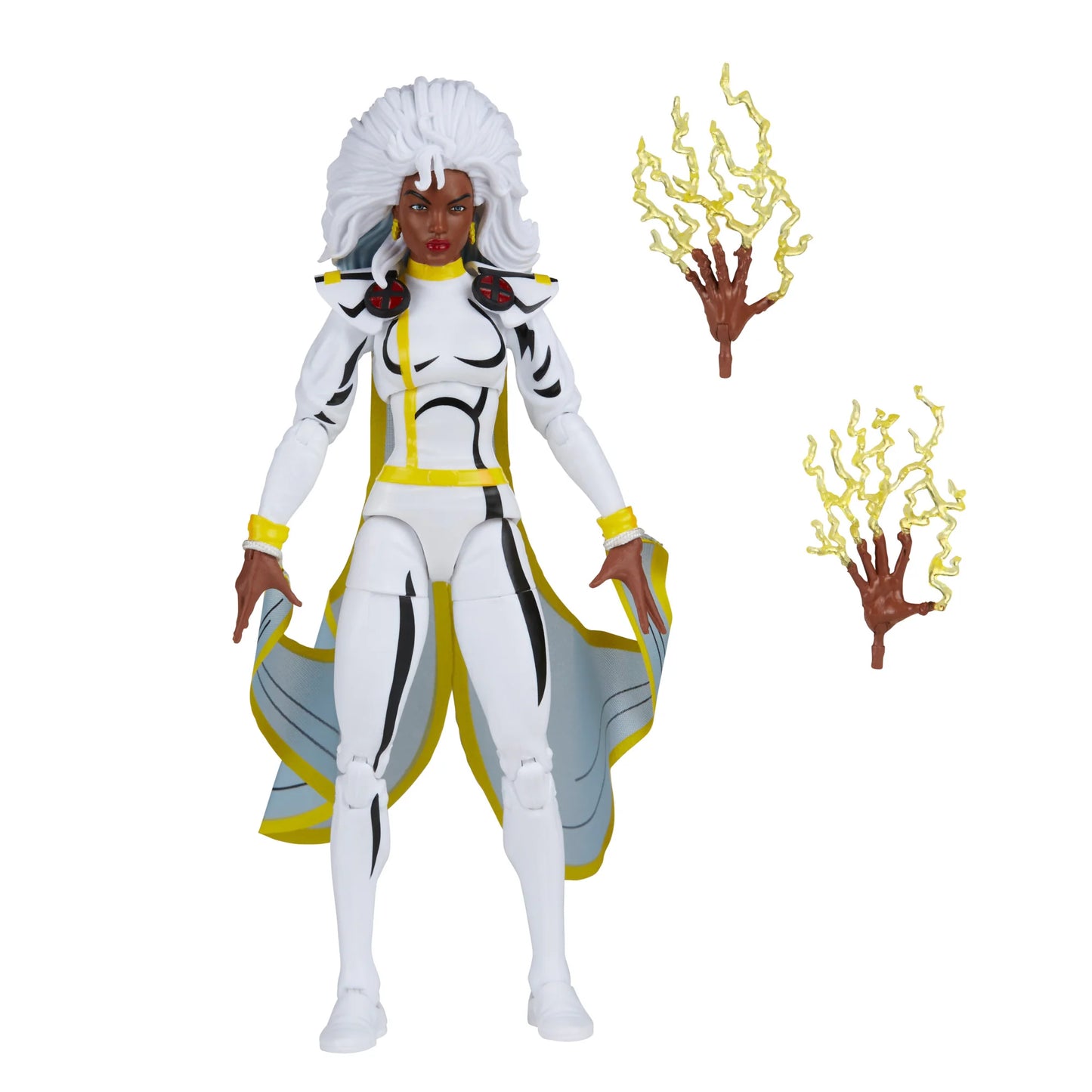 
                  
                    A 6-inch Marvel Legends Series X-Men Storm action figure in a classic white costume, accompanied by alternate hands with crackling electrical energy FX accessories, all contained in a '90s video cassette-inspired packaging.
                  
                