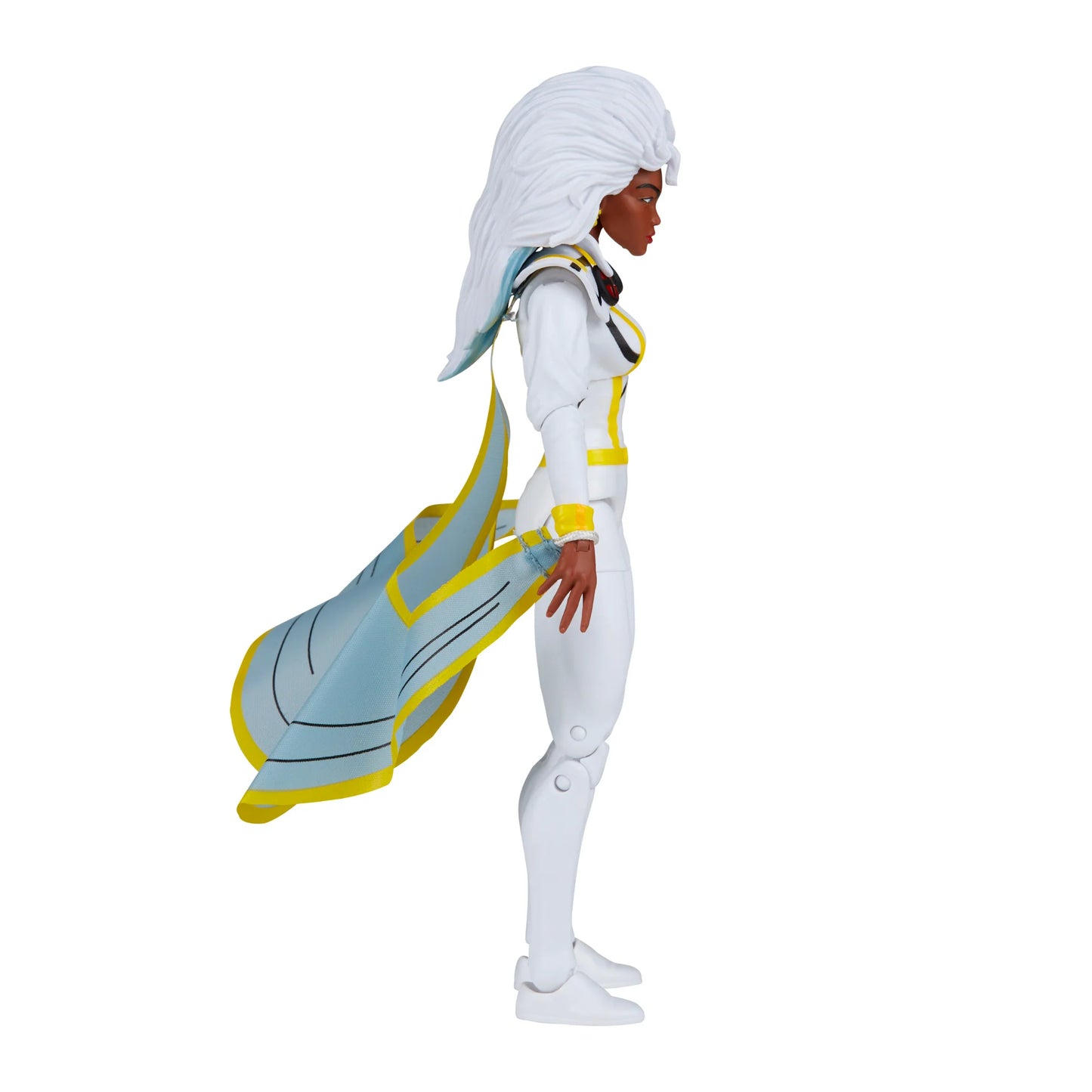 
                  
                    A 6-inch Marvel Legends Series X-Men Storm action figure in a classic white costume, accompanied by alternate hands with crackling electrical energy FX accessories, all contained in a '90s video cassette-inspired packaging.
                  
                