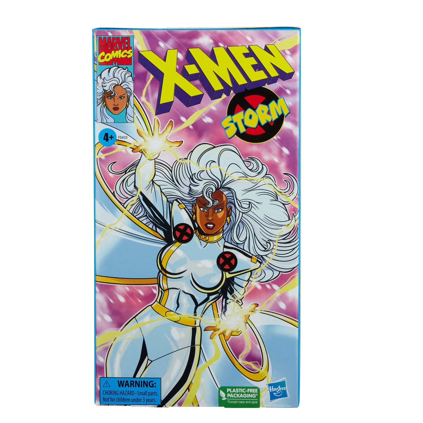 
                  
                    A 6-inch Marvel Legends Series X-Men Storm action figure in a classic white costume, accompanied by alternate hands with crackling electrical energy FX accessories, all contained in a '90s video cassette-inspired packaging.
                  
                