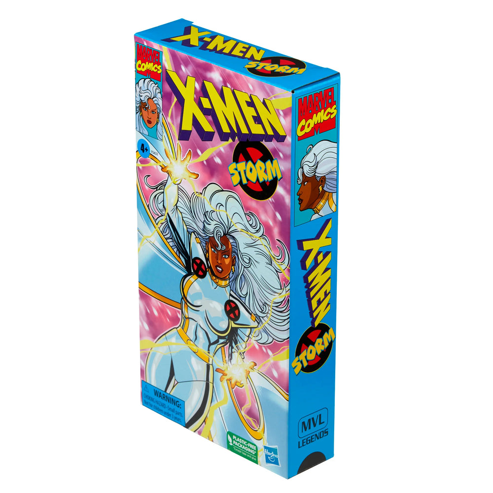 
                  
                    A 6-inch Marvel Legends Series X-Men Storm action figure in a classic white costume, accompanied by alternate hands with crackling electrical energy FX accessories, all contained in a '90s video cassette-inspired packaging.
                  
                