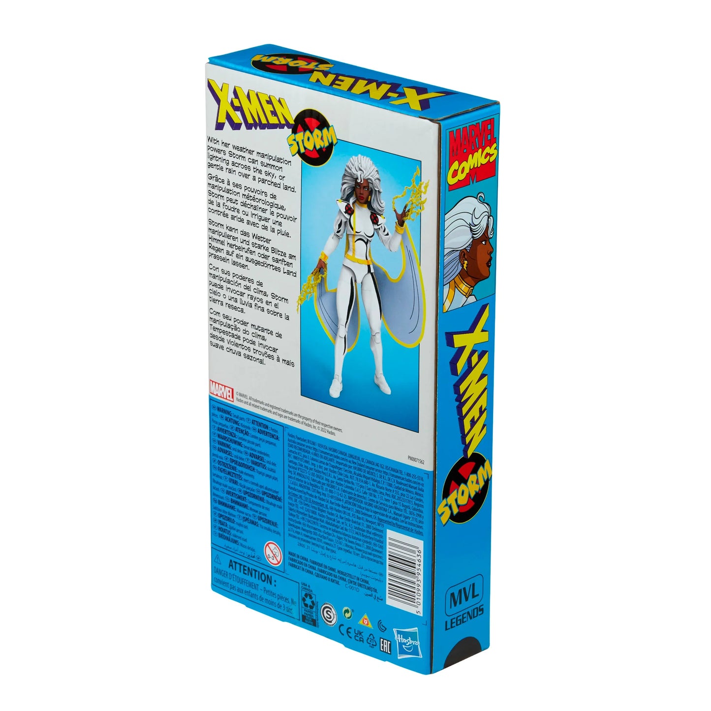 
                  
                    A 6-inch Marvel Legends Series X-Men Storm action figure in a classic white costume, accompanied by alternate hands with crackling electrical energy FX accessories, all contained in a '90s video cassette-inspired packaging.
                  
                