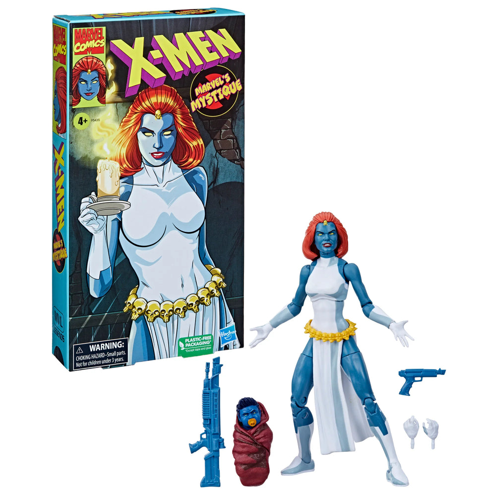 
                  
                    A 6-inch Marvel Legends Series X-Men Marvel's Mystique action figure with blue skin and yellow eyes, featuring accessories such as alternate hands, weapons, and a Baby Nightcrawler figure, all presented in a '90s video cassette-inspired packaging.
                  
                