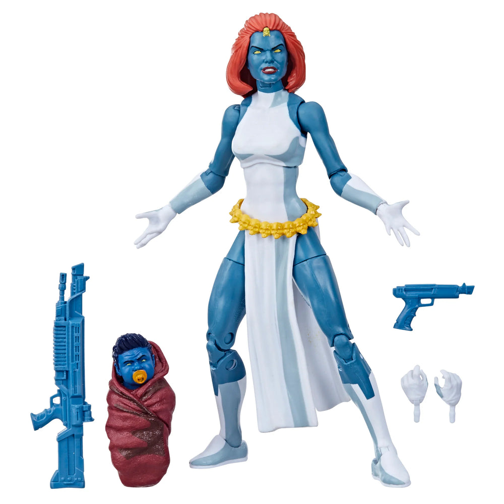 
                  
                    A 6-inch Marvel Legends Series X-Men Marvel's Mystique action figure with blue skin and yellow eyes, featuring accessories such as alternate hands, weapons, and a Baby Nightcrawler figure, all presented in a '90s video cassette-inspired packaging.
                  
                