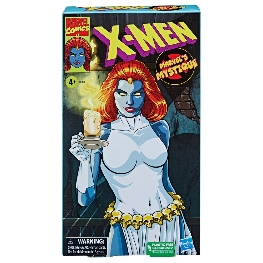 
                  
                    A 6-inch Marvel Legends Series X-Men Marvel's Mystique action figure with blue skin and yellow eyes, featuring accessories such as alternate hands, weapons, and a Baby Nightcrawler figure, all presented in a '90s video cassette-inspired packaging.
                  
                