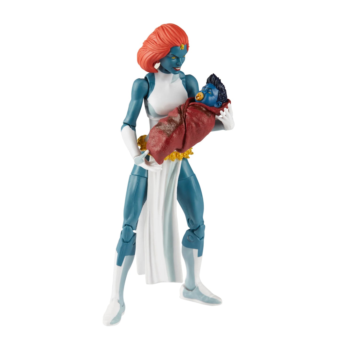 A 6-inch Marvel Legends Series X-Men Marvel's Mystique action figure with blue skin and yellow eyes, featuring accessories such as alternate hands, weapons, and a Baby Nightcrawler figure, all presented in a '90s video cassette-inspired packaging.