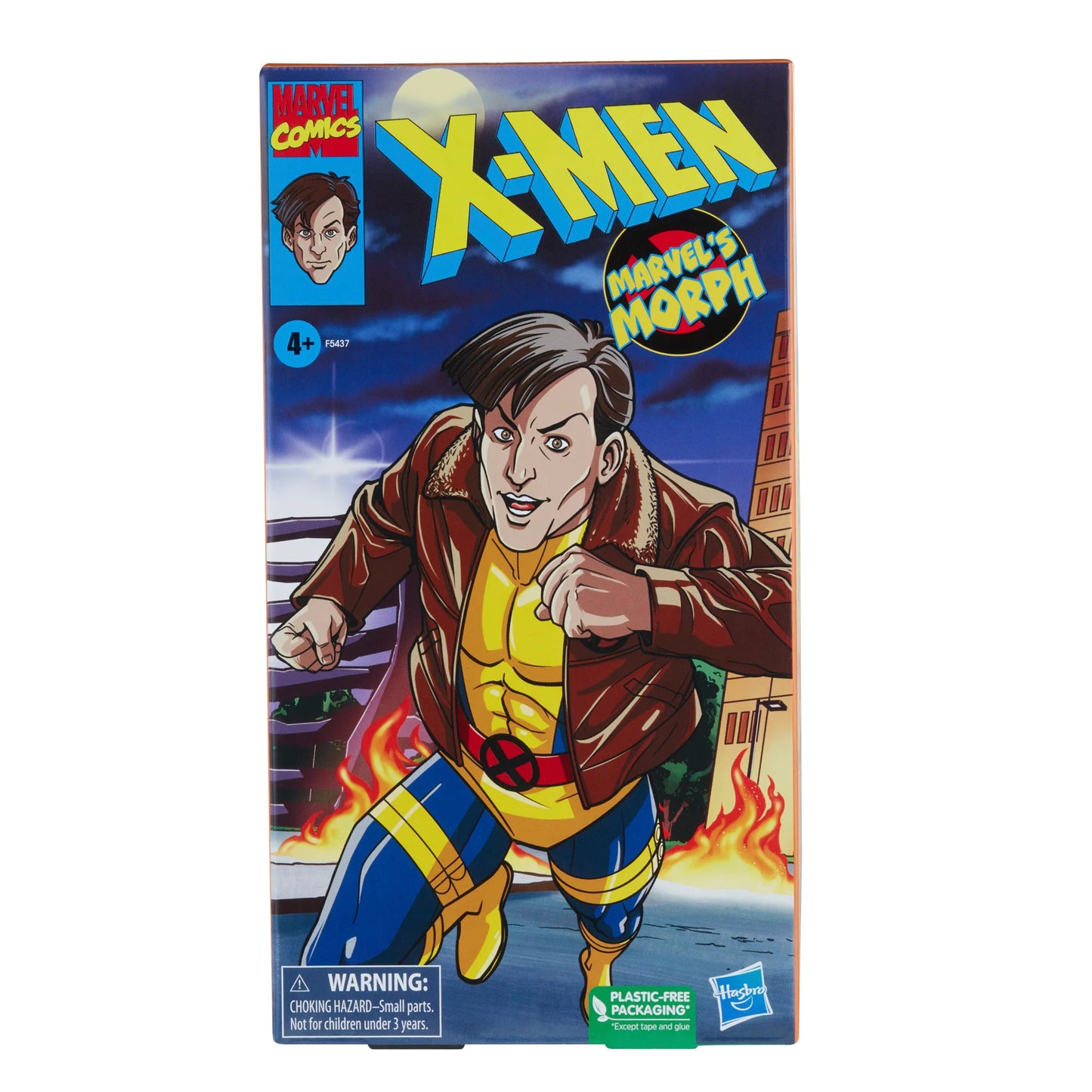 
                  
                    A 6-inch Marvel Legends Series X-Men Morph action figure in a classic uniform and jacket, accompanied by alternate hands and an alternate head accessory, all presented in a '90s video cassette-inspired packaging.
                  
                