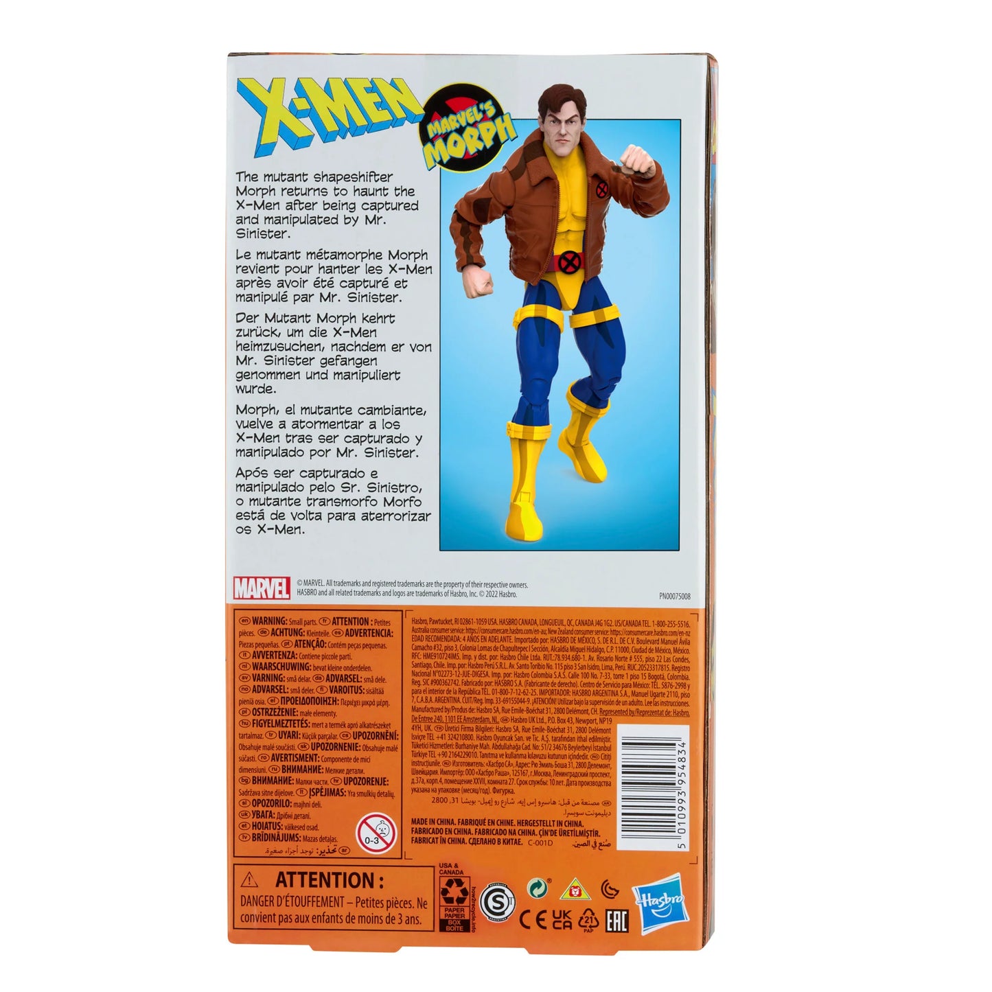 
                  
                    A 6-inch Marvel Legends Series X-Men Morph action figure in a classic uniform and jacket, accompanied by alternate hands and an alternate head accessory, all presented in a '90s video cassette-inspired packaging.
                  
                