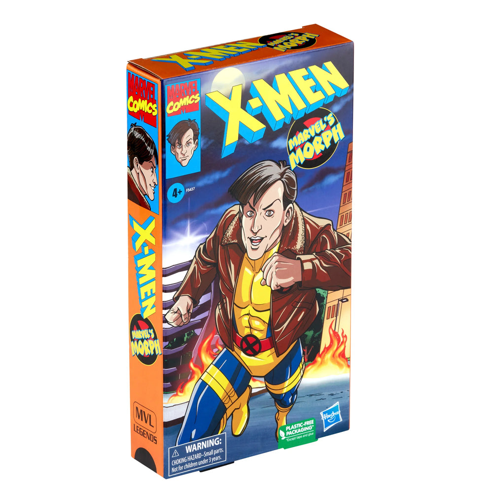 
                  
                    A 6-inch Marvel Legends Series X-Men Morph action figure in a classic uniform and jacket, accompanied by alternate hands and an alternate head accessory, all presented in a '90s video cassette-inspired packaging.
                  
                