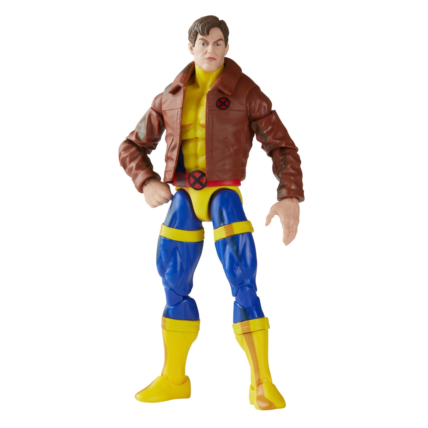 
                  
                    A 6-inch Marvel Legends Series X-Men Morph action figure in a classic uniform and jacket, accompanied by alternate hands and an alternate head accessory, all presented in a '90s video cassette-inspired packaging.
                  
                