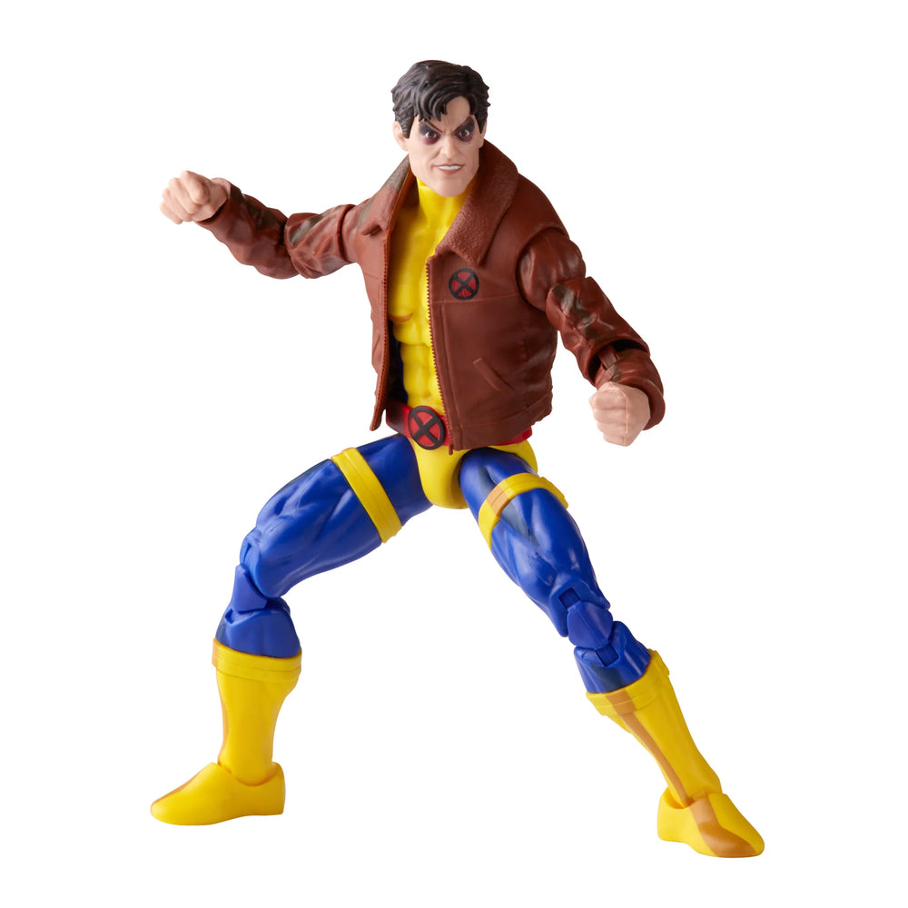 
                  
                    A 6-inch Marvel Legends Series X-Men Morph action figure in a classic uniform and jacket, accompanied by alternate hands and an alternate head accessory, all presented in a '90s video cassette-inspired packaging.
                  
                