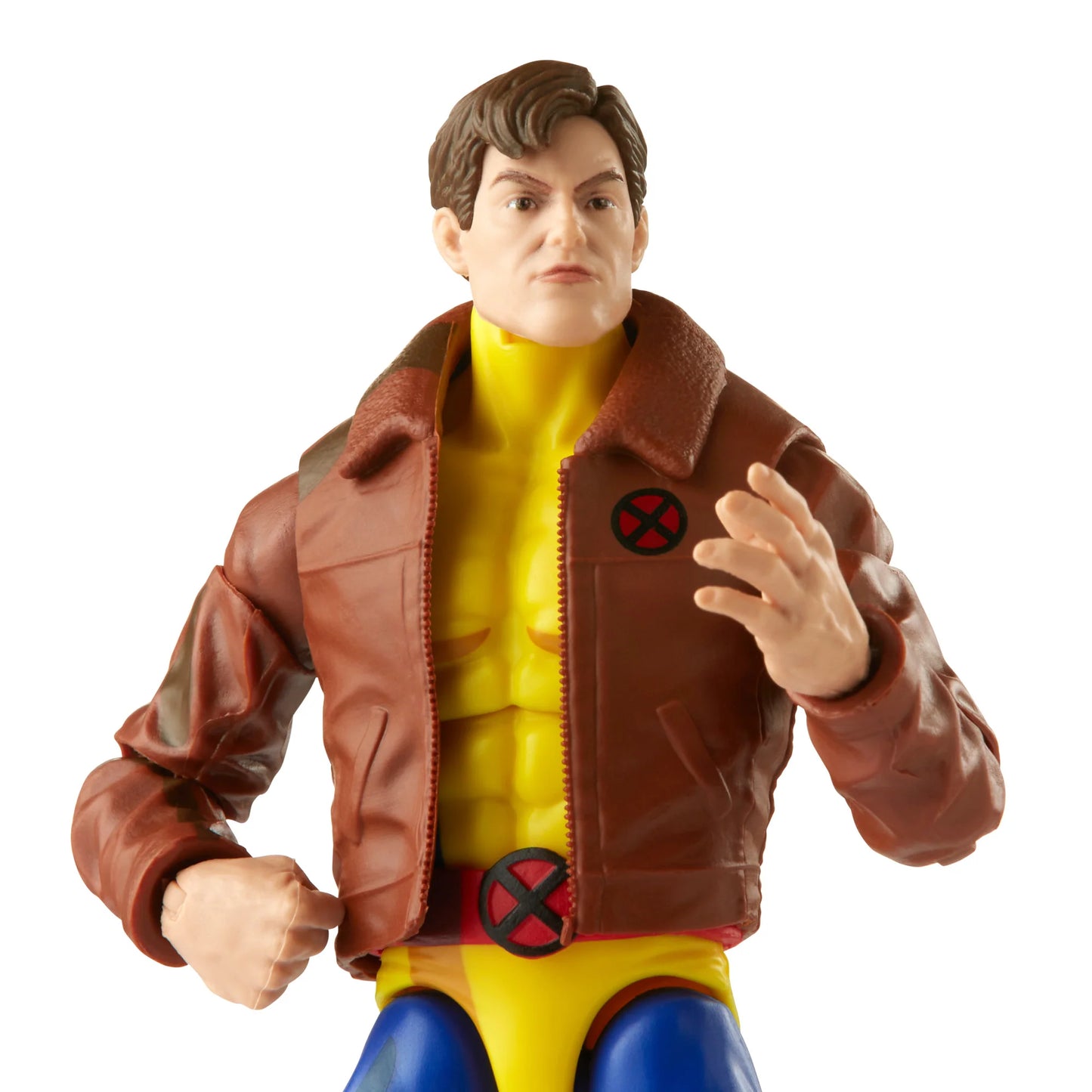 
                  
                    A 6-inch Marvel Legends Series X-Men Morph action figure in a classic uniform and jacket, accompanied by alternate hands and an alternate head accessory, all presented in a '90s video cassette-inspired packaging.
                  
                