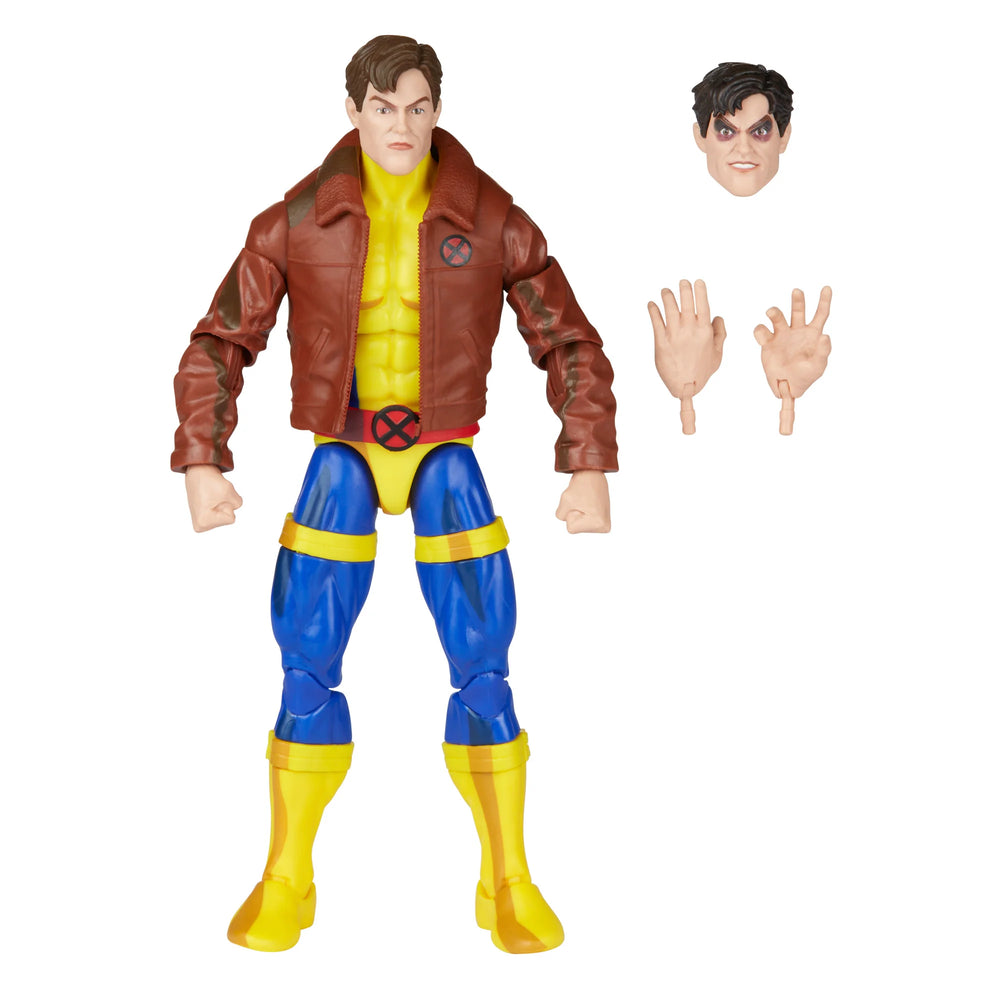 
                  
                    A 6-inch Marvel Legends Series X-Men Morph action figure in a classic uniform and jacket, accompanied by alternate hands and an alternate head accessory, all presented in a '90s video cassette-inspired packaging.
                  
                