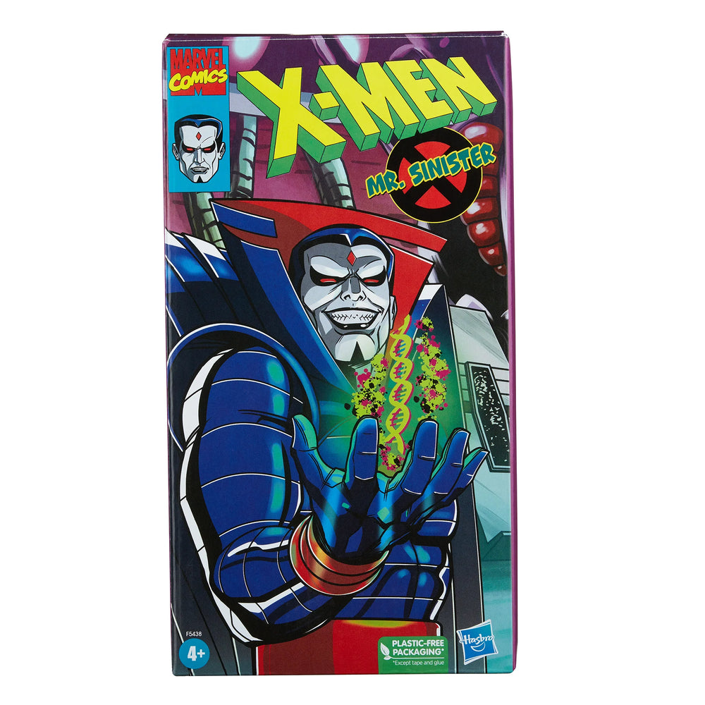 
                  
                    A 6-inch Marvel Legends Series X-Men Mr. Sinister action figure, featuring unique sculpting and cel-shaded deco, presented in a '90s video cassette-inspired packaging.
                  
                