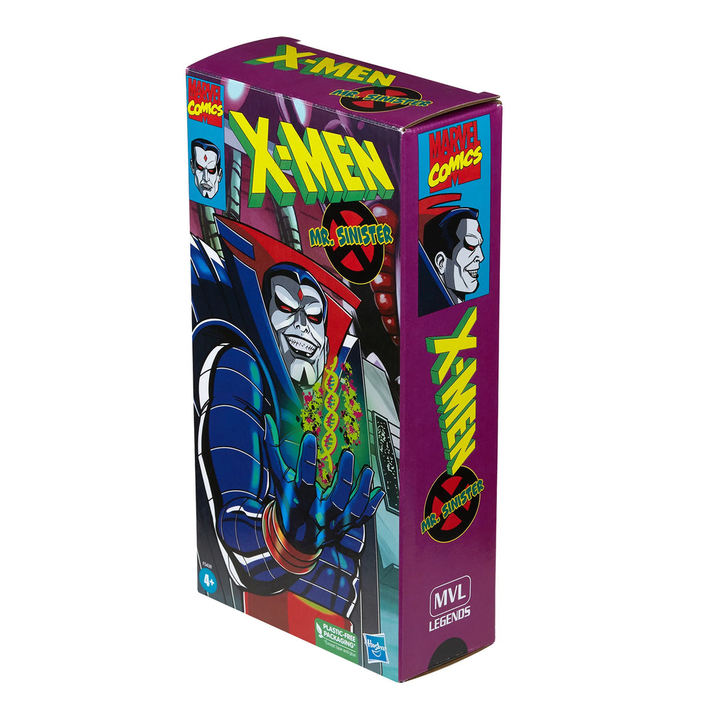 
                  
                    A 6-inch Marvel Legends Series X-Men Mr. Sinister action figure, featuring unique sculpting and cel-shaded deco, presented in a '90s video cassette-inspired packaging.
                  
                