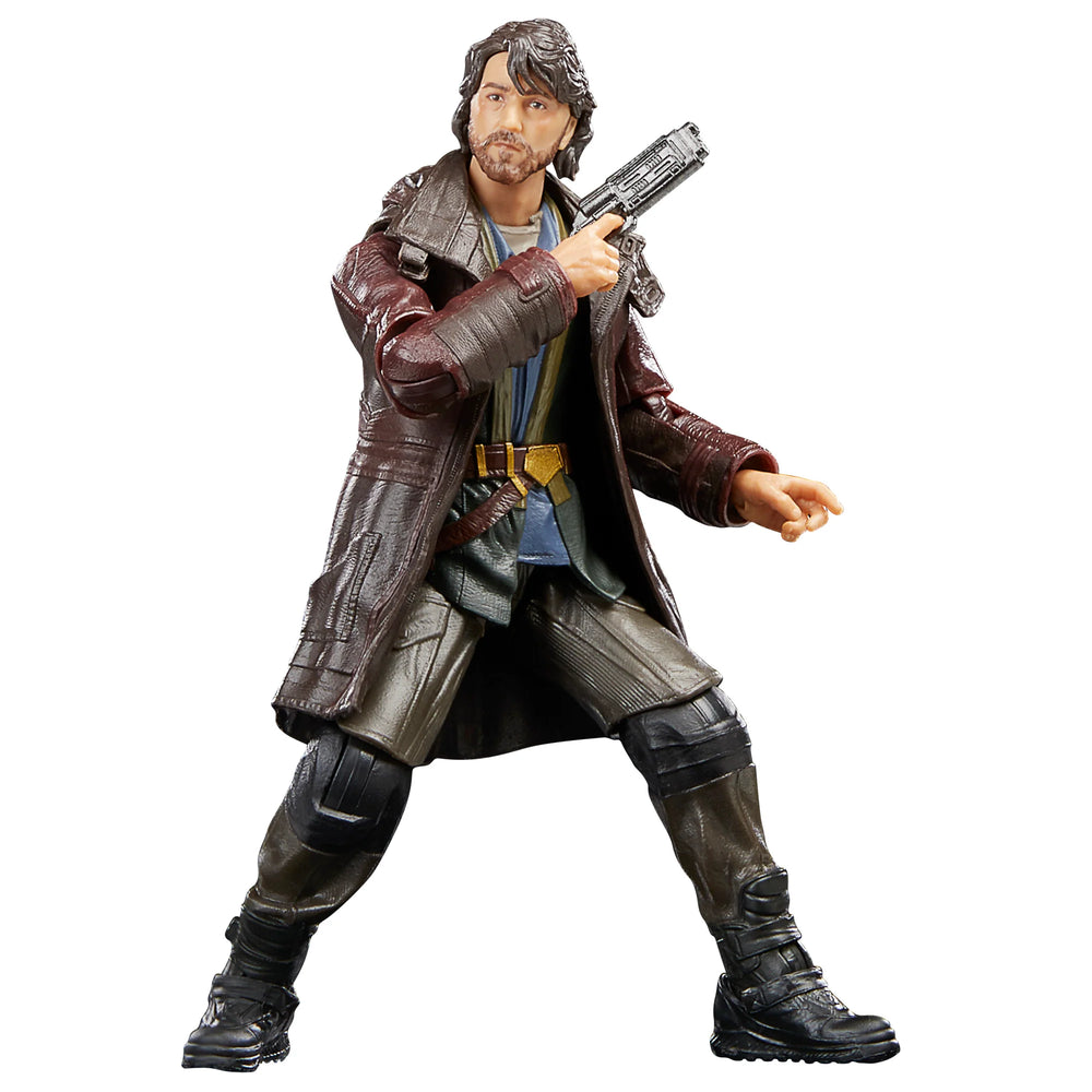 A Star Wars The Black Series Cassian Andor action figure, detailed to look like the character from Star Wars: Andor, complete with a character-inspired accessory and multiple points of articulation for dynamic posing.