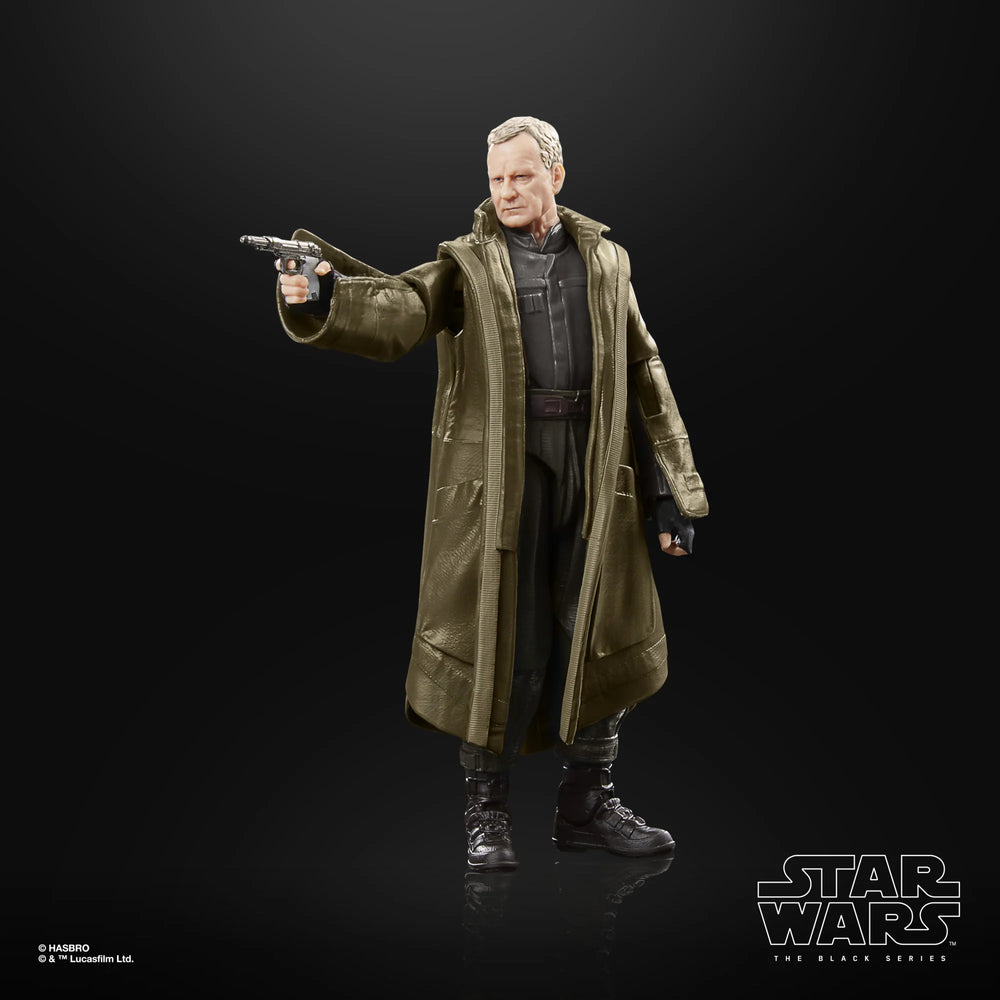 A 6-inch scale Luthen Rael action figure from Star Wars The Black Series, reflecting detailed craftsmanship, and multiple points of articulation, designed to replicate the character from Star Wars: Andor.