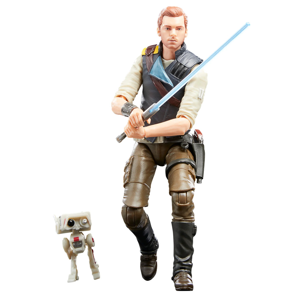 Star Wars The Black Series Cal Kestis action figure, featuring the character from Star Wars Jedi: Survivor. The figure comes with two character-inspired accessories and offers multiple points of articulation for dynamic posing.