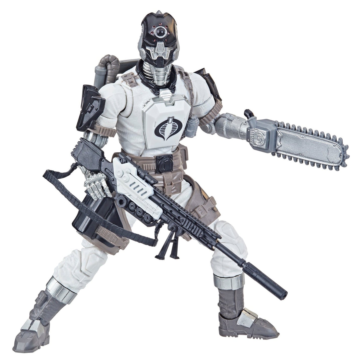 A 6.69-inch G.I. Joe Classified Series Arctic B.A.T. action figure posed in a battle-ready stance, showcasing its detailed design and multiple accessories.